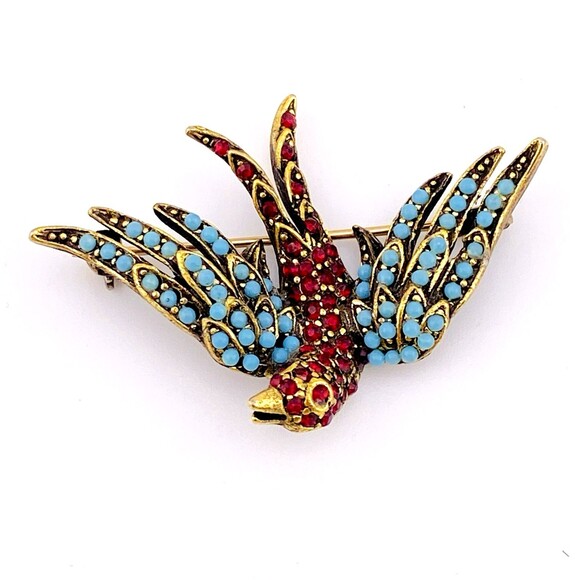 Vintage Pauline Rader Swallow Bird Brooch Pin Turquoise and Ruby Glass Orbs Pave - Picture 1 of 7
